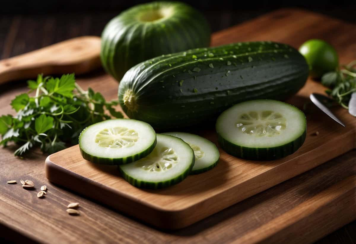 A cucumber is sliced into thin rounds on a wooden cutting board, surrounded by fresh herbs and a sharp knife