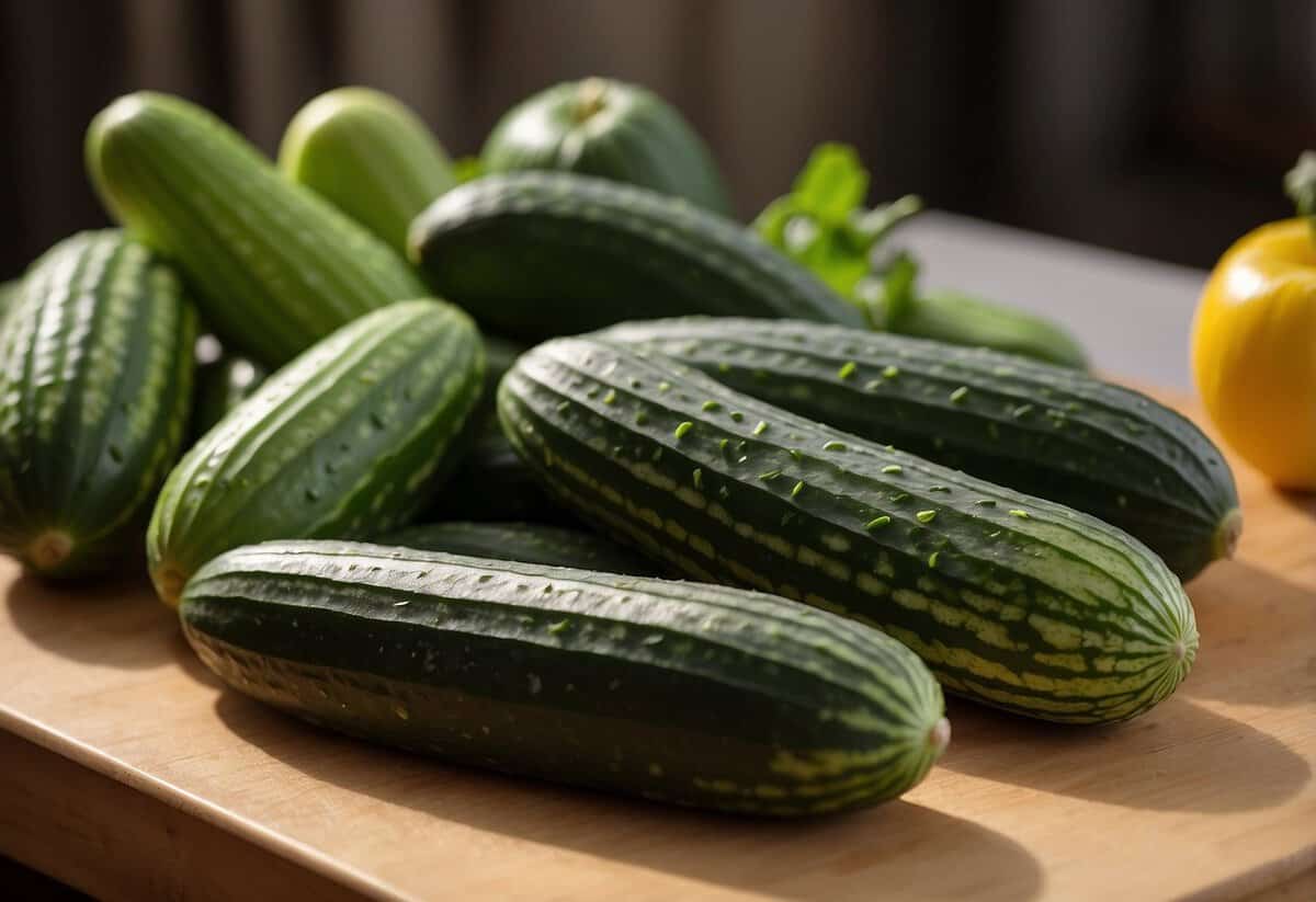 Various cucumbers in different shapes, sizes, and colors displayed on a table with a sign asking "Is cucumber a fruit or vegetable?"