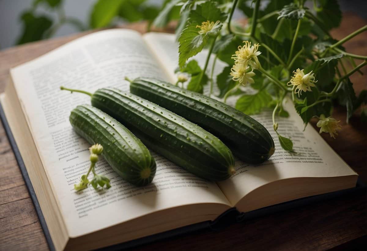 A cucumber plant with flowers and immature fruits, surrounded by botanical classification books