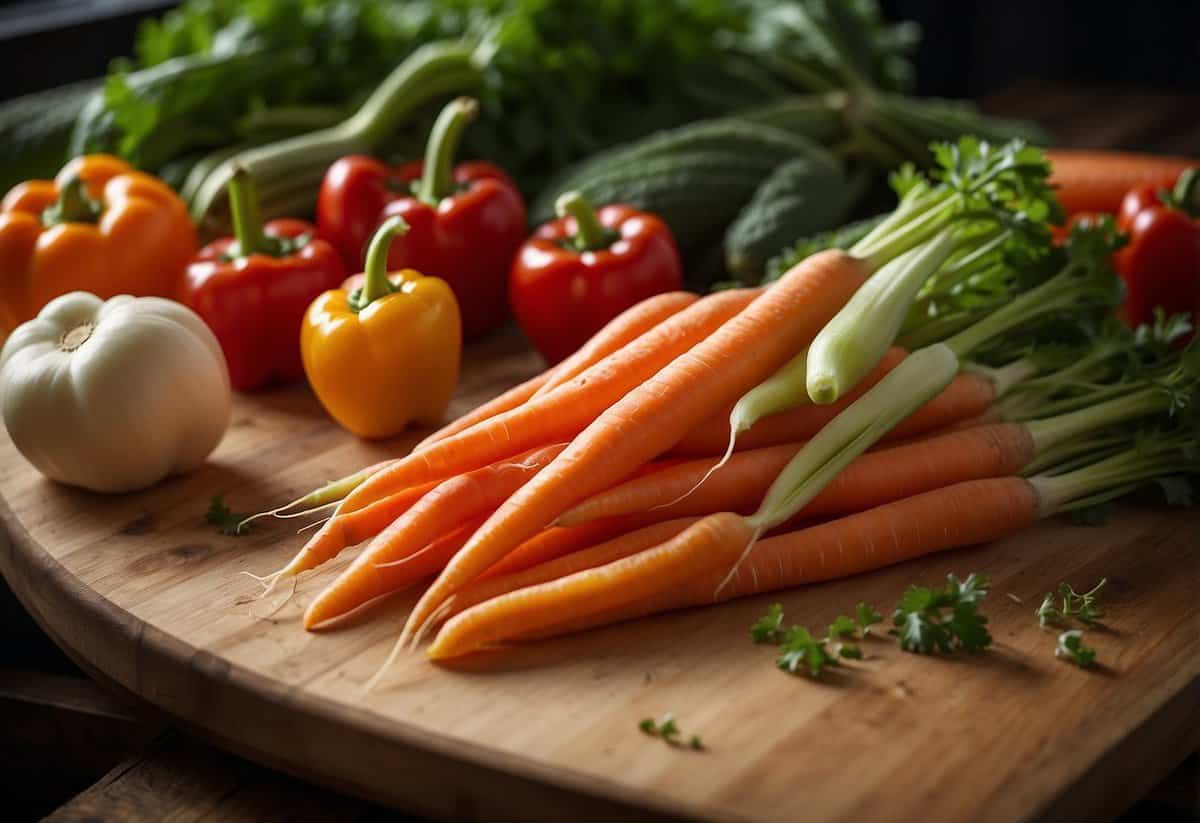 A pile of fresh carrots, celery, and bell peppers sit on a wooden cutting board. They are uncooked and ready to be used as raw vegetables