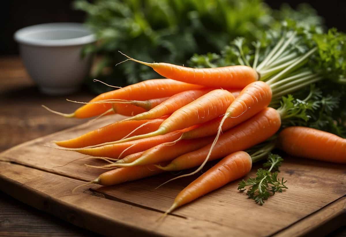 A pile of raw carrots, vibrant orange in color, with green leafy tops, arranged on a wooden cutting board