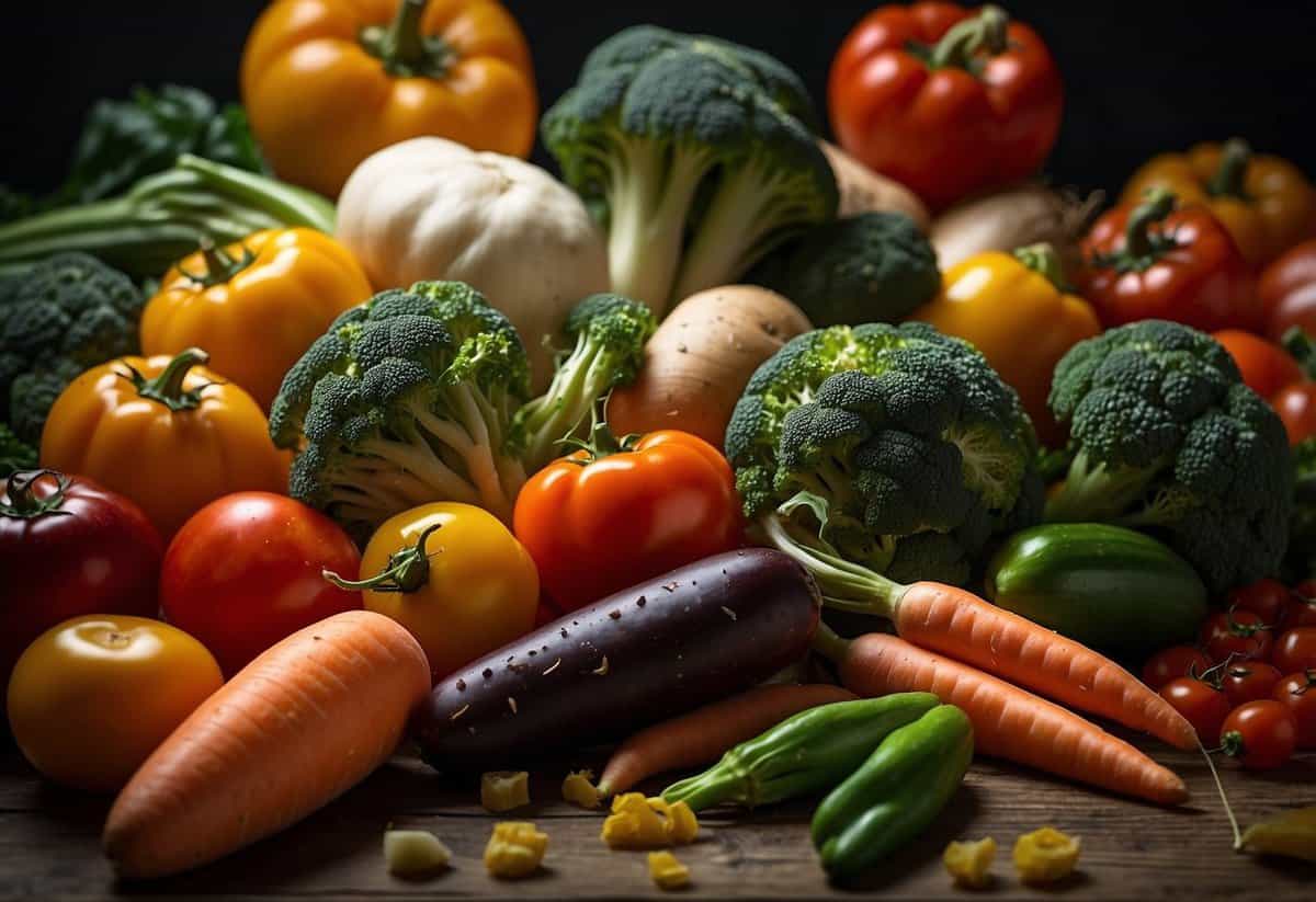 A pile of carrots is surrounded by various other vegetables, such as broccoli, bell peppers, and tomatoes, for comparison