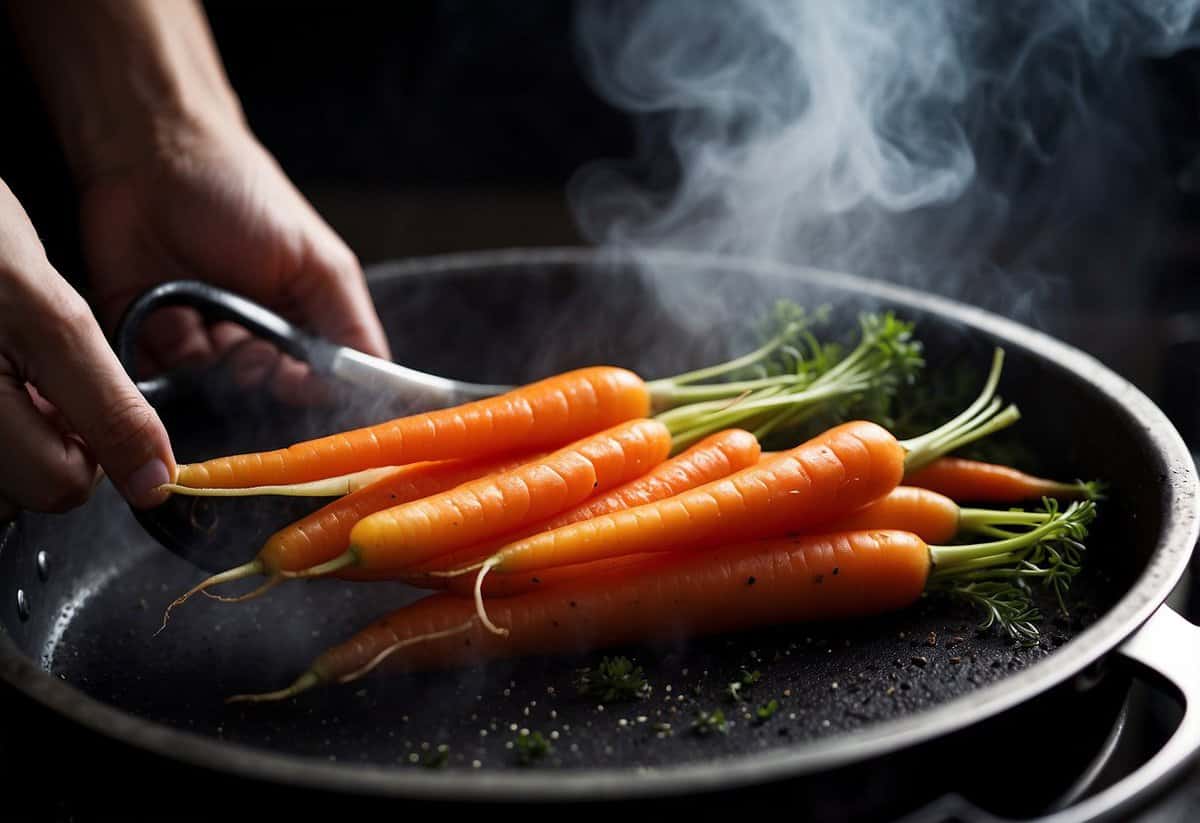 Carrots sizzling in a hot pan, releasing steam and aroma