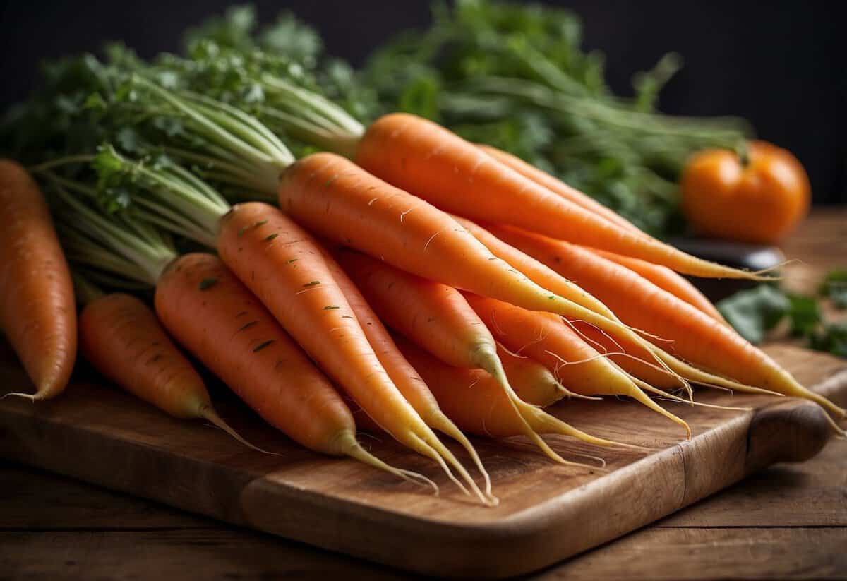 A pile of fresh, vibrant carrots sits on a wooden cutting board, ready to be incorporated into a meal