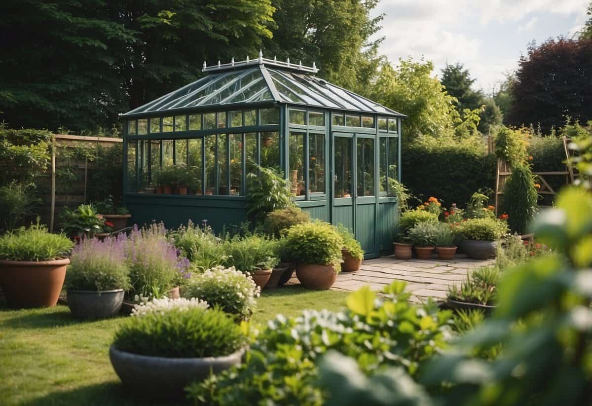 A garden with a variety of structures such as sheds, greenhouses, and pergolas, all meeting building regulations