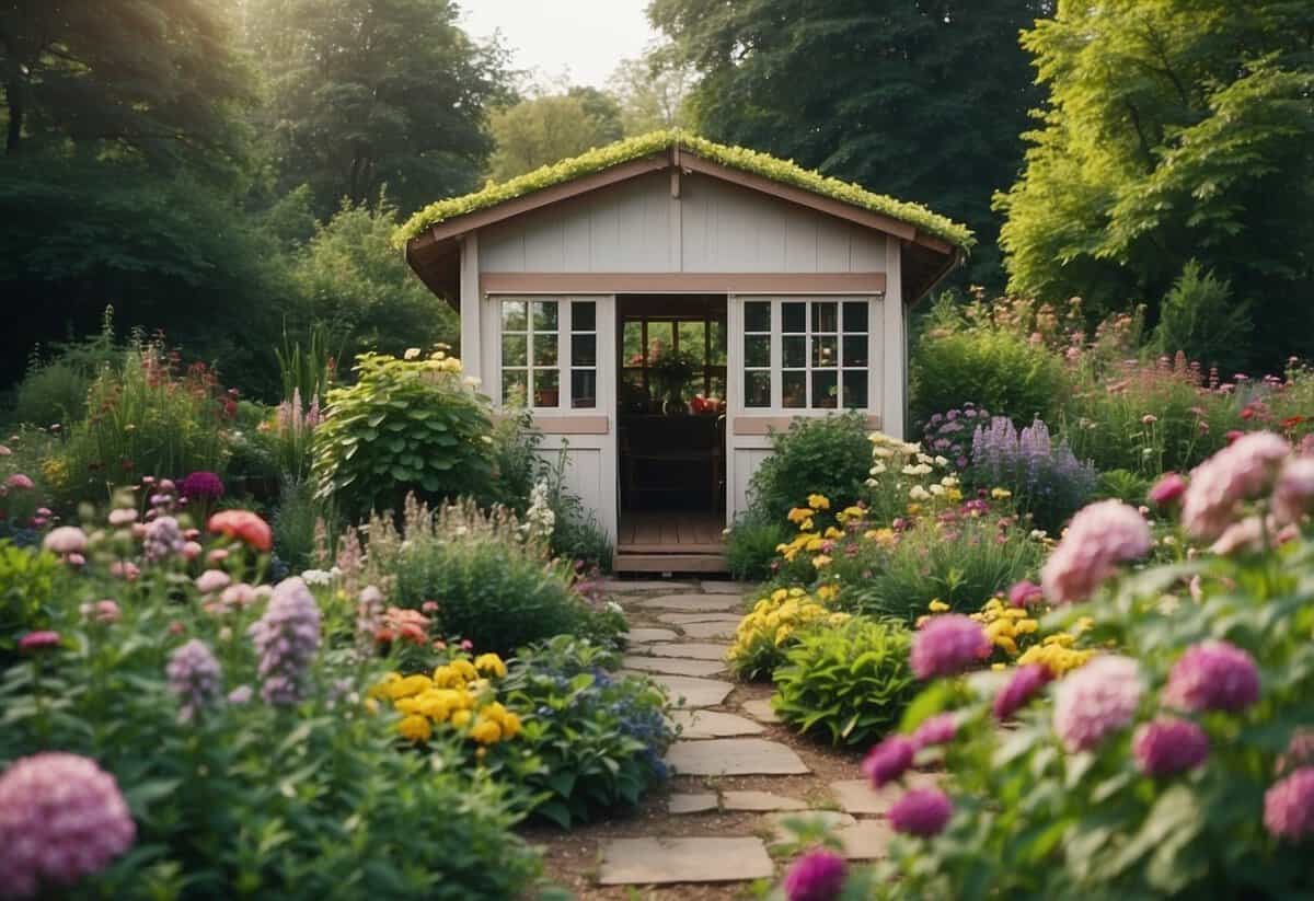 A variety of garden buildings and structures are shown, including sheds, greenhouses, pergolas, and gazebos. Each structure is surrounded by lush greenery and colorful flowers, creating a peaceful and inviting atmosphere