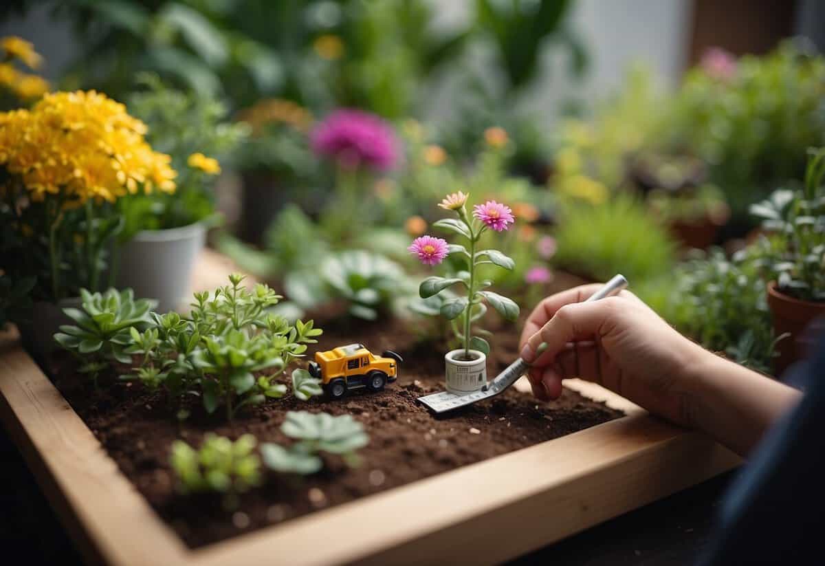 A person measuring and sketching a garden layout with a tape measure and pencil, surrounded by various plants, flowers, and garden tools