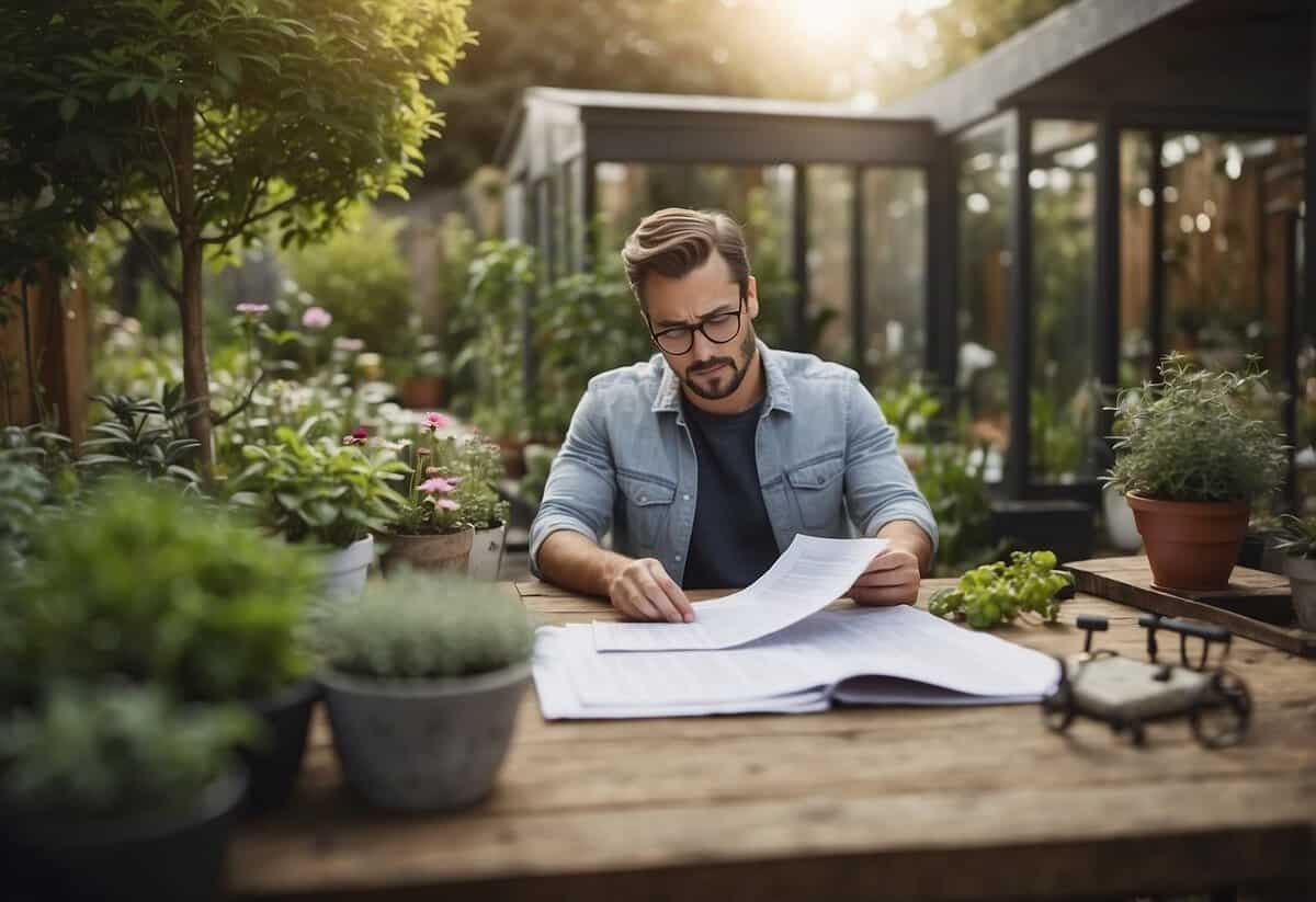 A garden with various structures: pergola, shed, greenhouse, and raised beds. A person is consulting a legal document while holding a blueprint