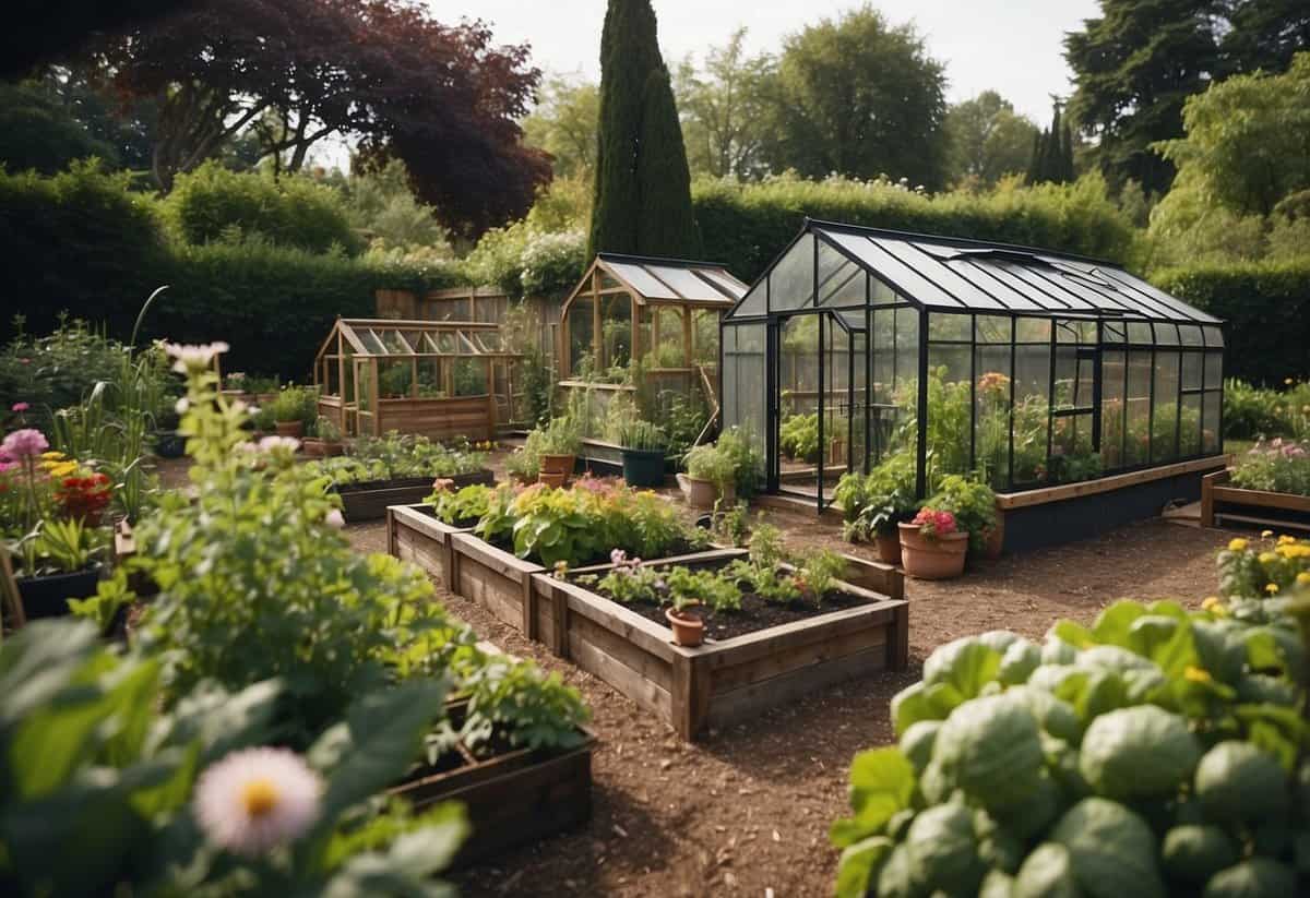 A garden with a variety of structures: raised beds, trellises, compost bins, and a small greenhouse, all surrounded by lush plants and flowers