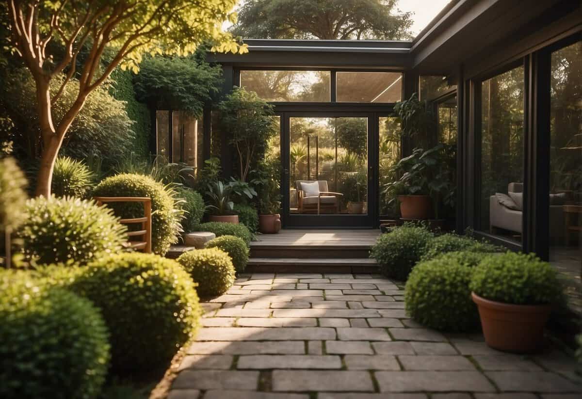 A cozy garden room nestled among lush greenery, with a path leading up to its inviting entrance. The room is bathed in warm sunlight, creating a tranquil and serene atmosphere