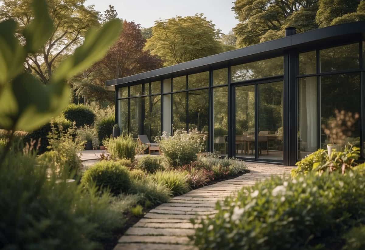 A person stands in a garden, contemplating a garden room structure. They are surrounded by trees and plants, with a clear view of the existing house