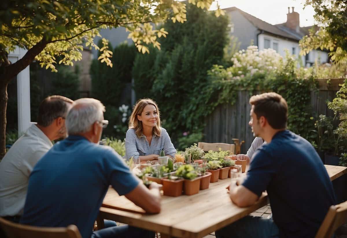 A person consults with neighbors and local authorities about placing a garden room in their backyard