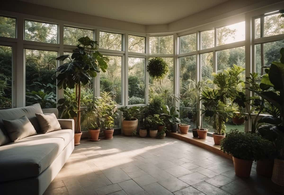 A serene garden with a cozy garden room nestled among lush greenery, with a clear view of the sky and ample natural light filtering through the windows