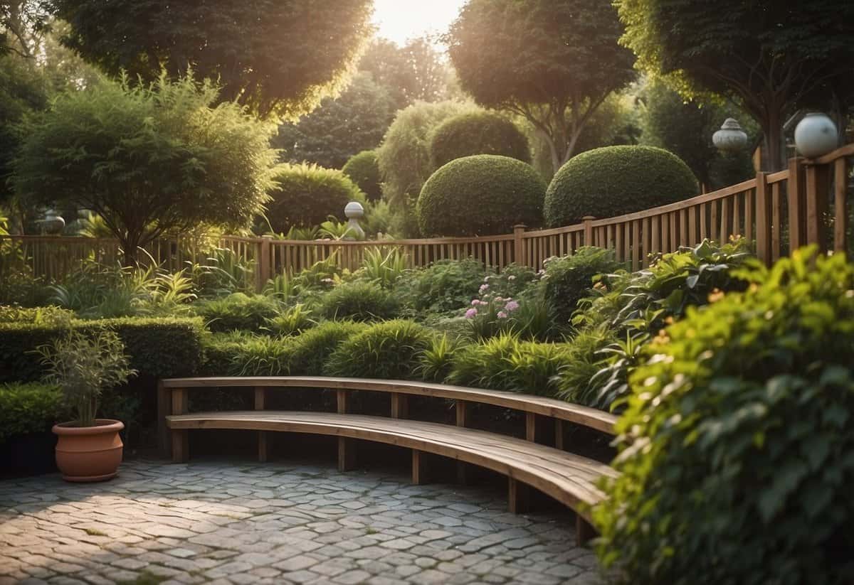 A serene garden with a tall fence, lush greenery, and a cozy seating area, shielded from prying eyes