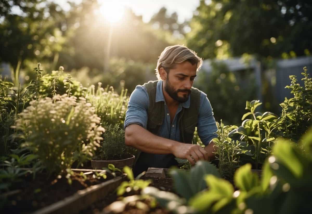 A person gathers plants and materials in a garden, surrounded by greenery and sunlight