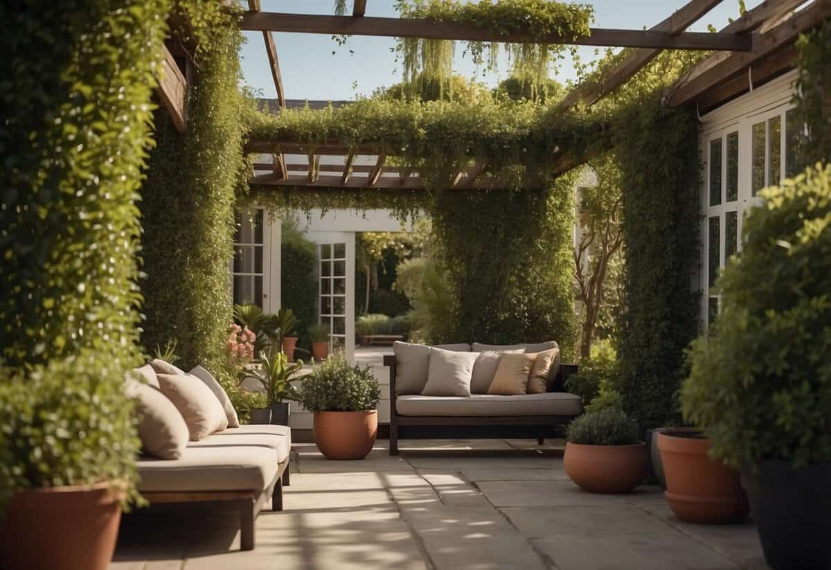 A cozy backyard with tall hedges, a pergola with flowing curtains, and strategically placed potted plants creating a secluded oasis