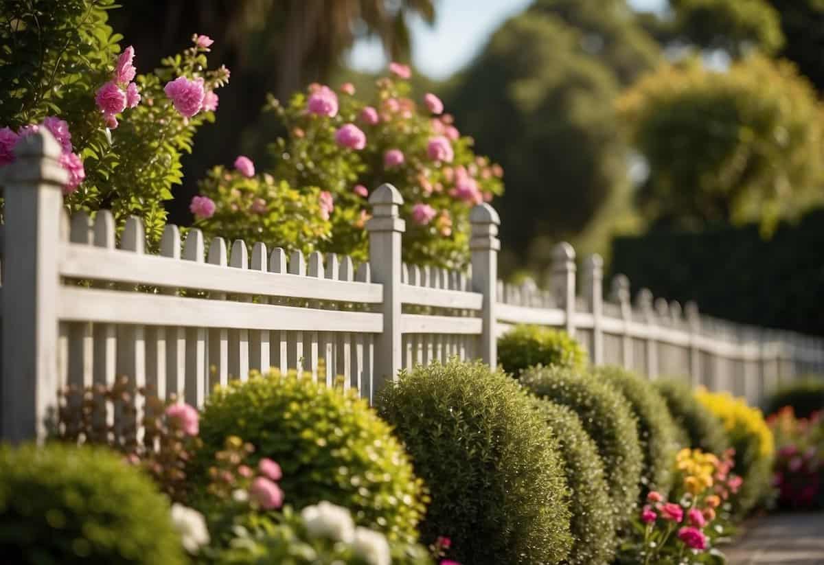 A tall wooden fence surrounds a lush garden, with blooming flowers and neatly trimmed hedges. A decorative trellis and potted plants add to the aesthetic appeal while providing privacy