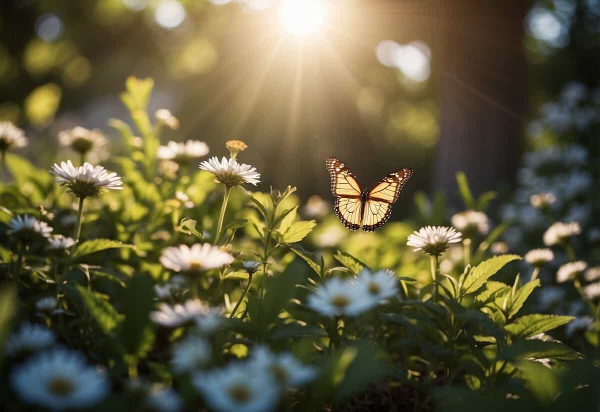 Lush garden with vibrant plants and flowers, sunlight streaming through. Birds chirping and butterflies fluttering. Peaceful, serene atmosphere