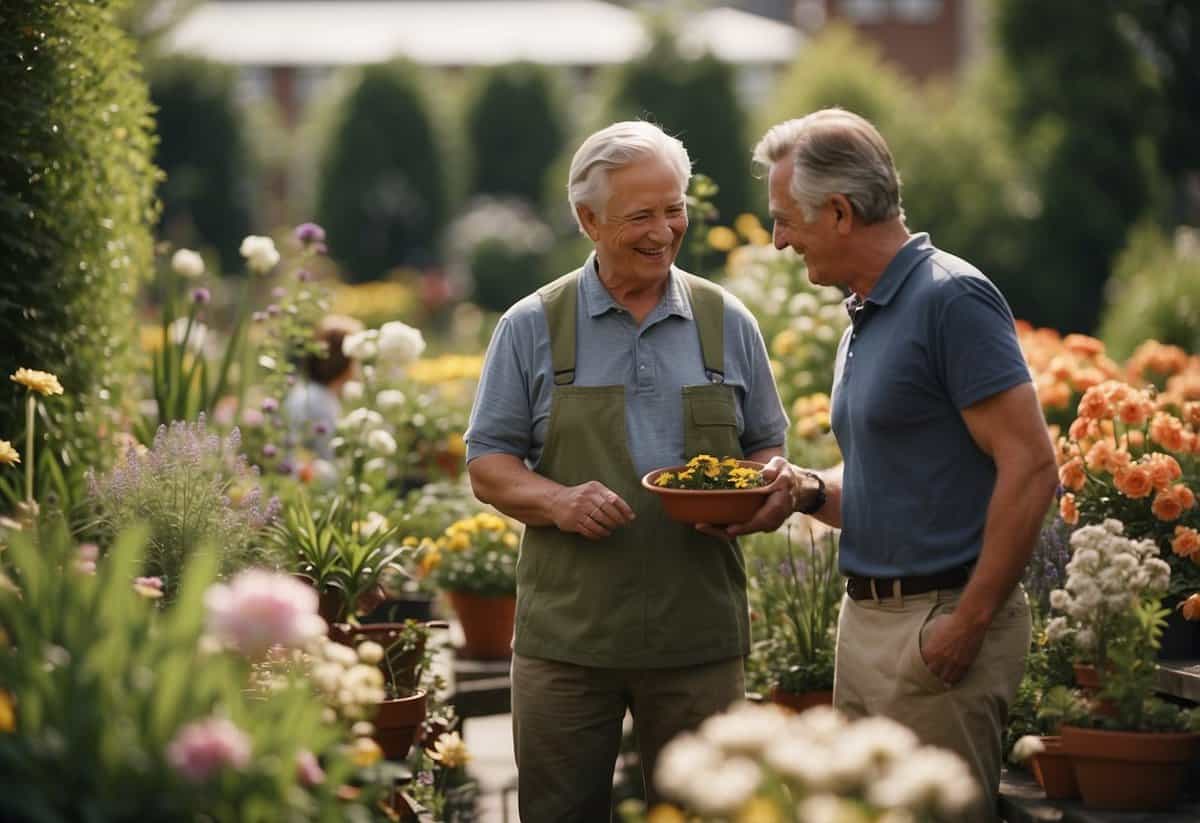 Gardeners chat and exchange tips, surrounded by blooming flowers and thriving plants, creating a sense of community and joy