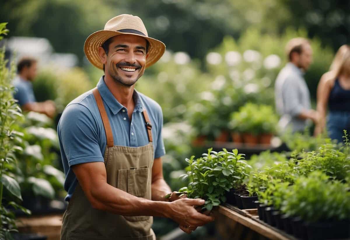 Gardeners smile as lush, thriving plants absorb carbon and release oxygen, promoting environmental impact and sustainability