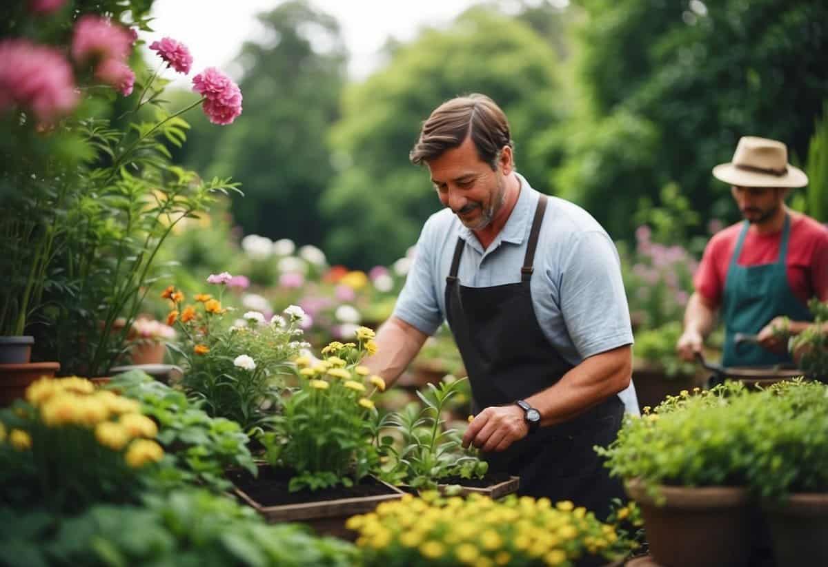 Gardeners tend to their plants with care, surrounded by lush greenery and colorful flowers, creating a peaceful and fulfilling environment