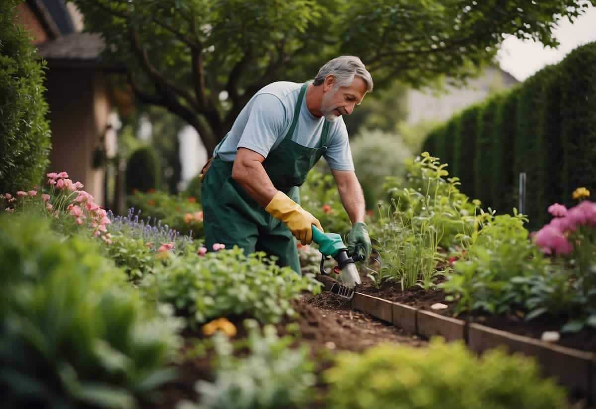 A gardener tends to plants, watering, pruning, and weeding a lush garden bed