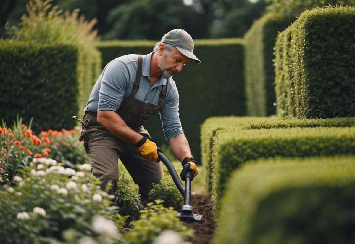 A gardener trims hedges, mows lawn, waters plants, and removes weeds in a well-kept garden