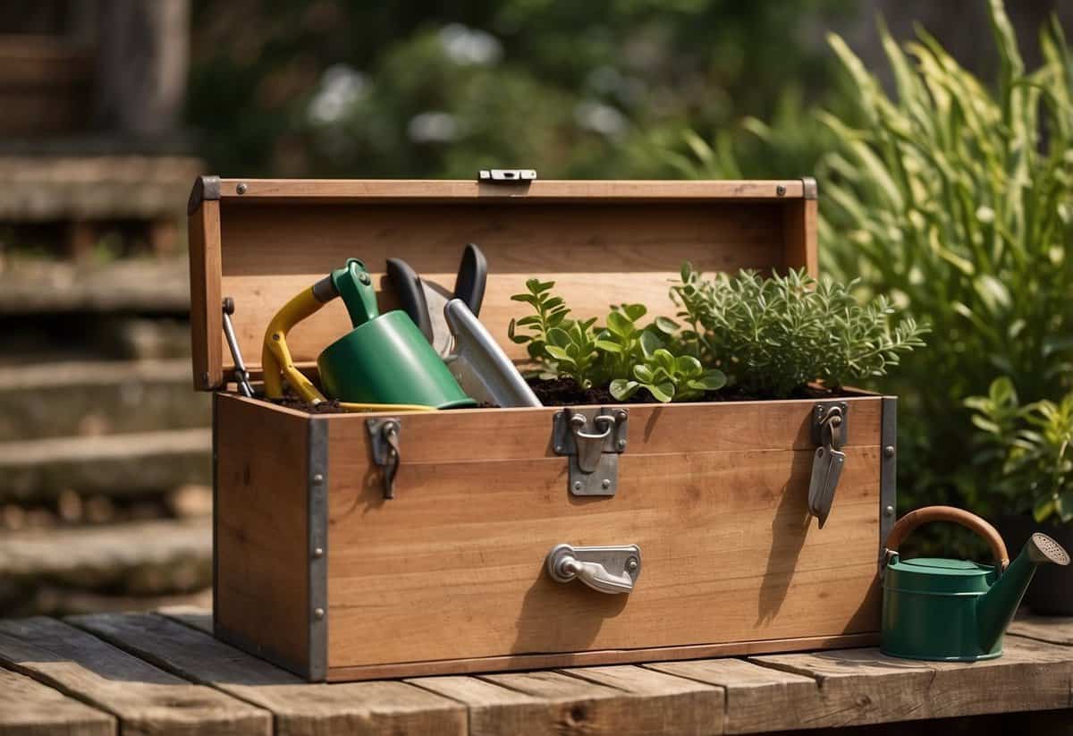 A wooden toolbox sits open on a grassy patch, surrounded by a trowel, gloves, watering can, and potted plants