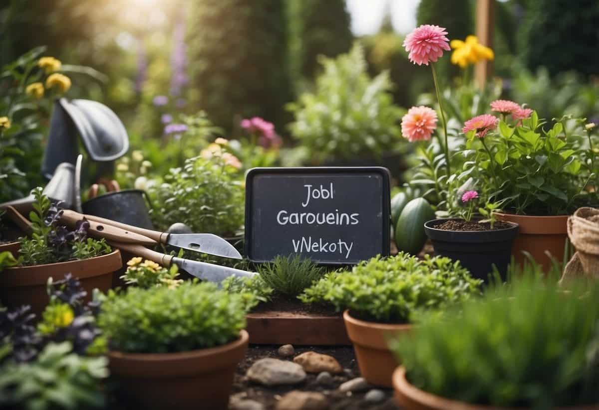 A lush garden with various plants and flowers, tools neatly organized, and a sign advertising job opportunities and growth for gardeners