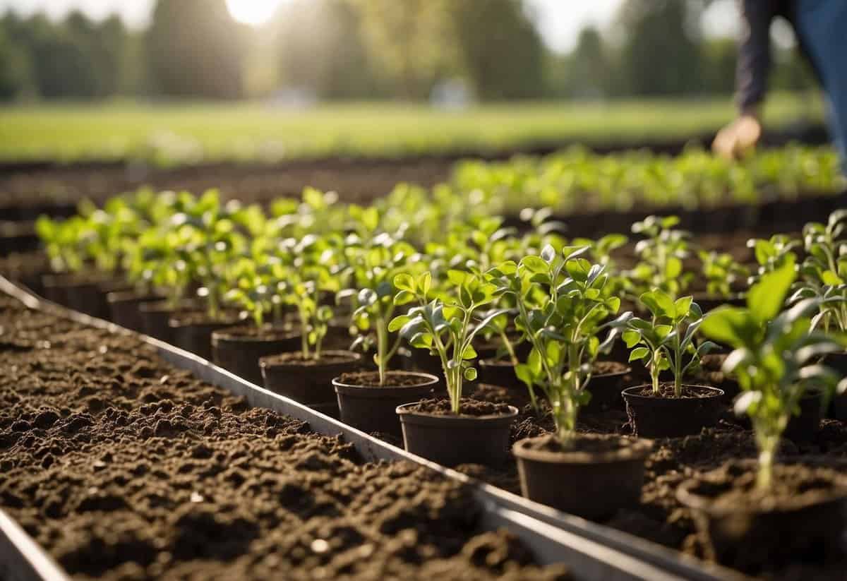 A sunny garden plot with rows of freshly turned soil, ready for planting. A variety of seeds and seedlings are neatly arranged nearby, along with gardening tools and watering cans