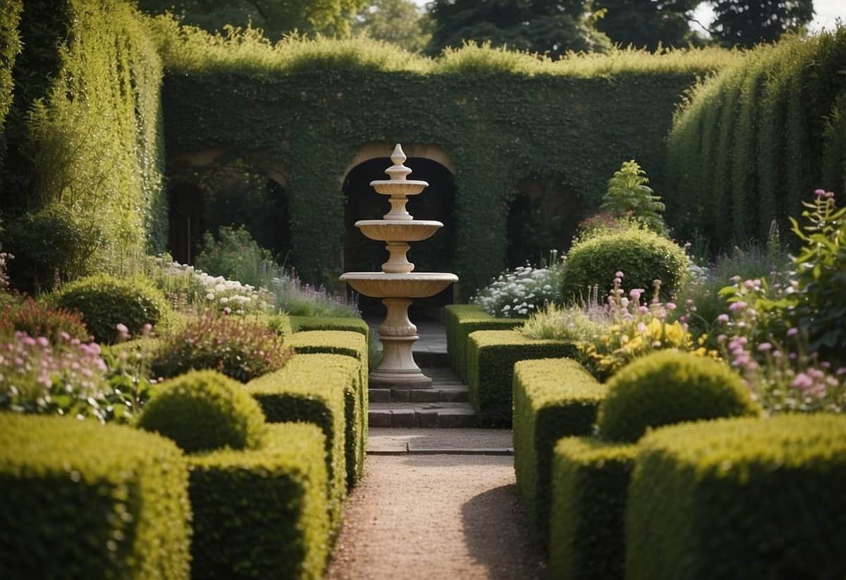 Lush garden with diverse plants and vibrant flowers, surrounded by neatly trimmed hedges and winding pathways