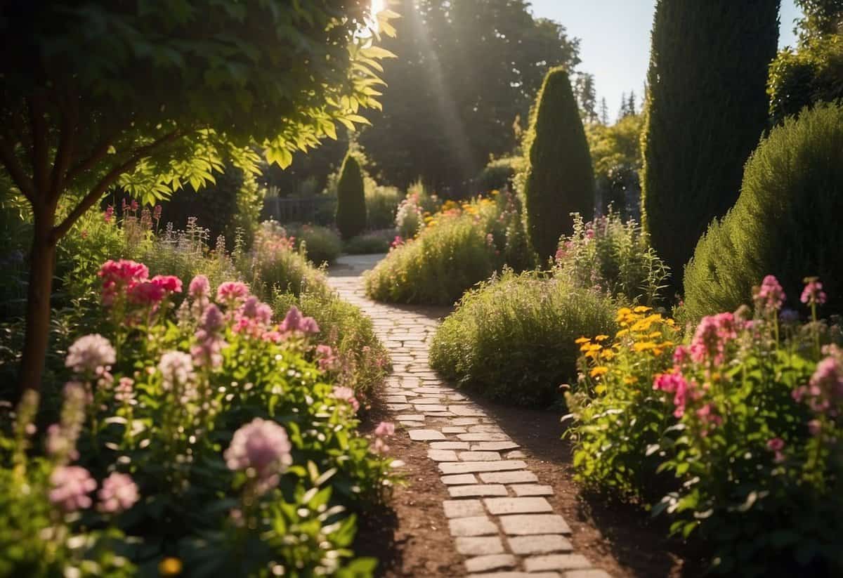 A vibrant garden with blooming flowers, lush greenery, and well-maintained paths. The sun shines down, casting dappled shadows across the colorful landscape