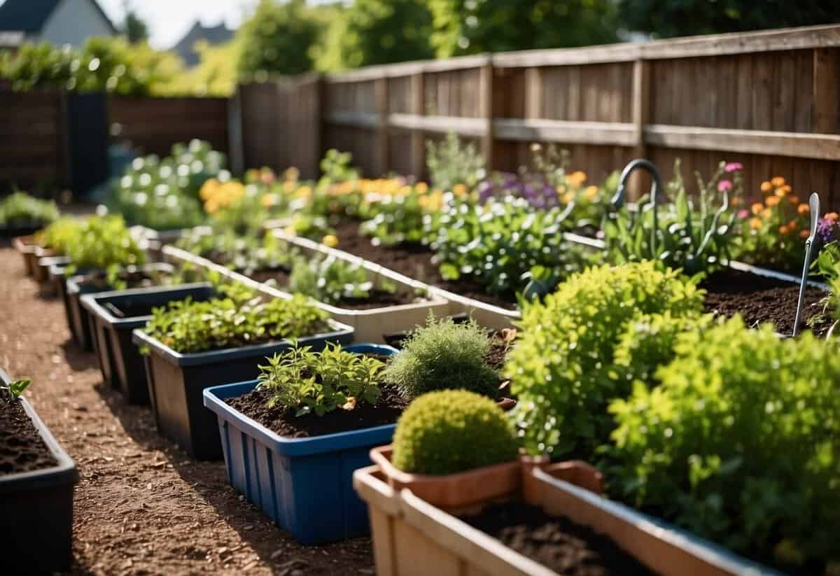 A well-maintained garden with various tools neatly organized, compost bin, raised beds, and healthy plants in the background