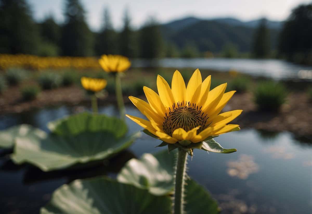 A sunflower, a pine tree, a Venus flytrap, a cactus, and a water lily in their natural habitats