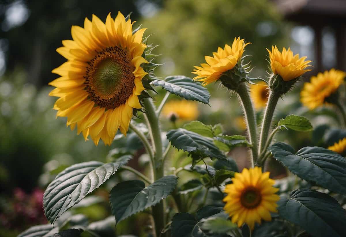 A garden with a variety of plants: sunflowers, ferns, roses, cacti, and maple trees, each showcasing their unique characteristics and classifications