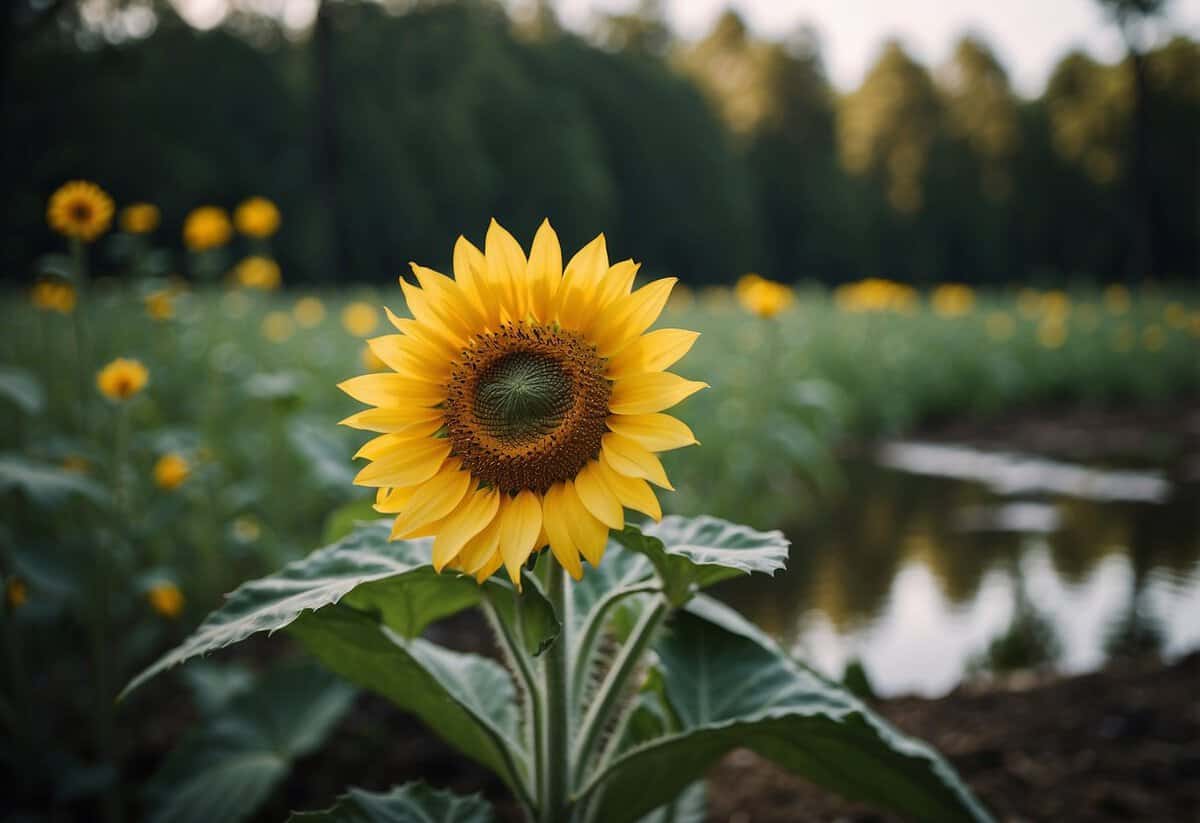 A sunflower in a field, a cactus in a desert, a fern in a rainforest, a pine tree in a forest, and a water lily in a pond