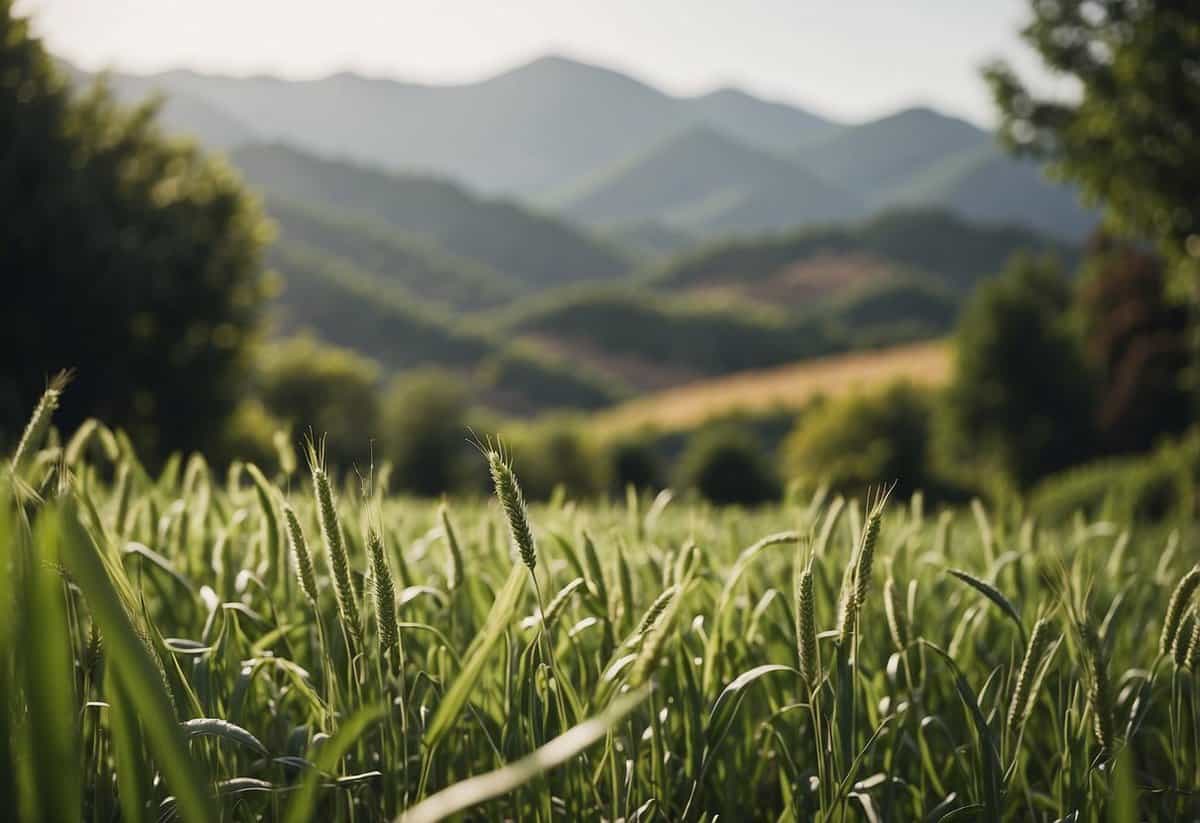 Plants in Human Life: A field of wheat, a tea plantation, a medicinal herb garden, a vineyard, and a fruit orchard