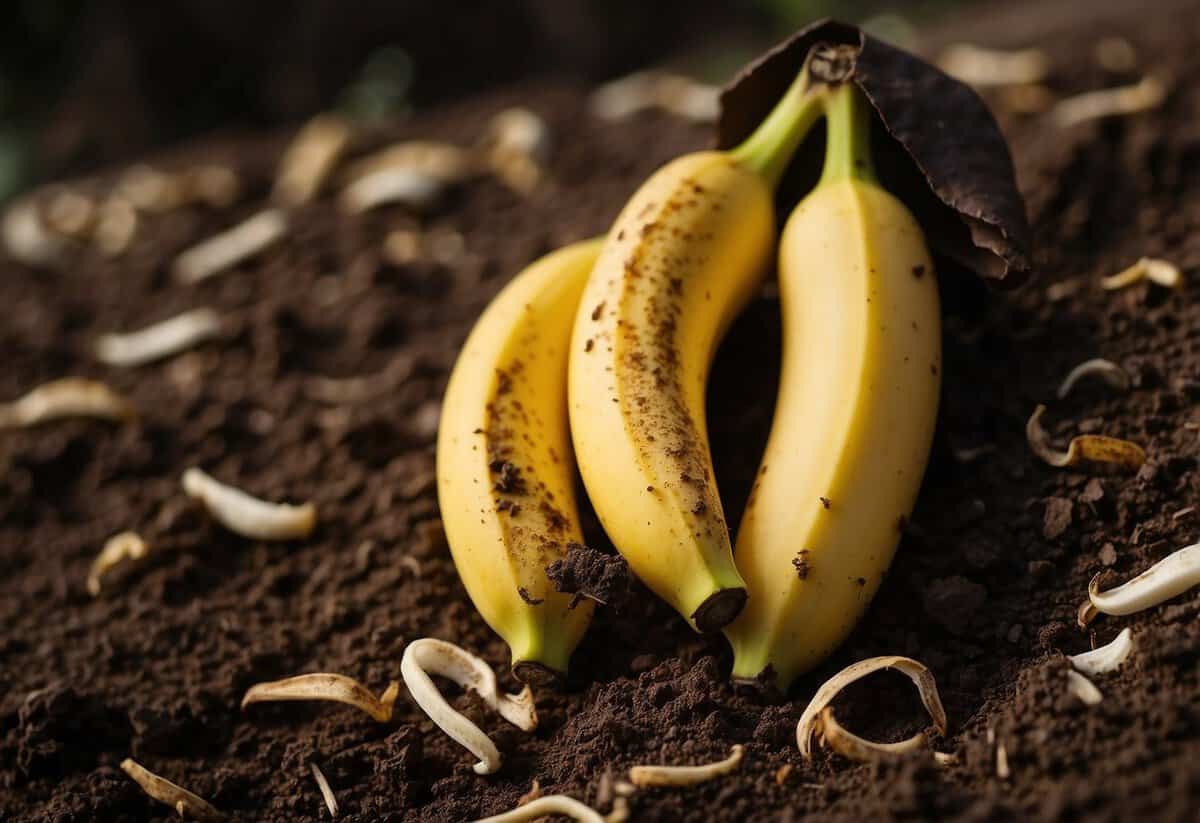 Banana peels decompose in soil, turning brown and breaking down over 2-4 weeks. The process releases nutrients into the soil