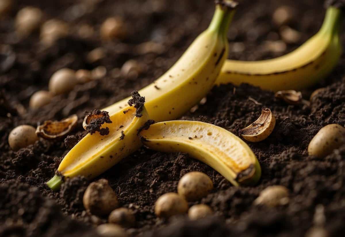 Banana peels decompose in soil over 2-4 weeks, turning into nutrient-rich compost. Brown peels break down, releasing nutrients into the earth