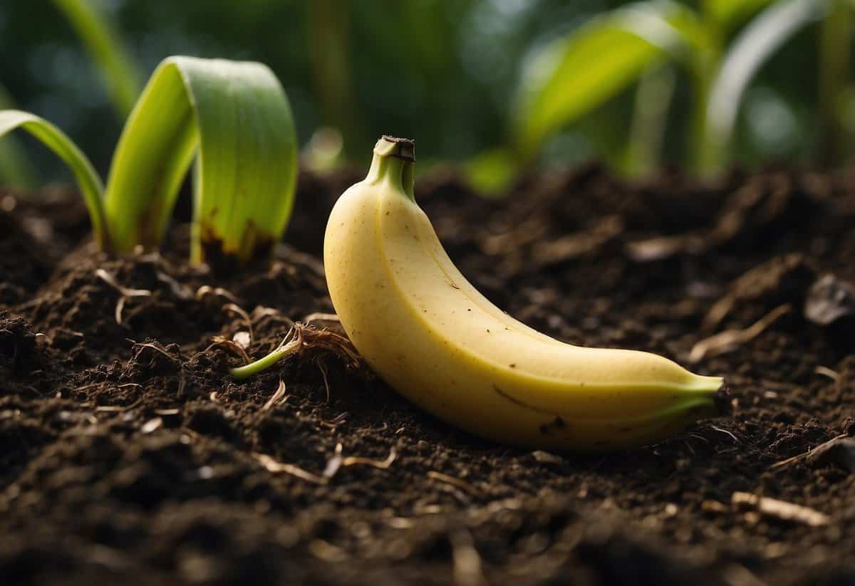 A banana peel lies on the soil, slowly breaking down into organic matter. Surrounding plants thrive from the nutrients released during decomposition