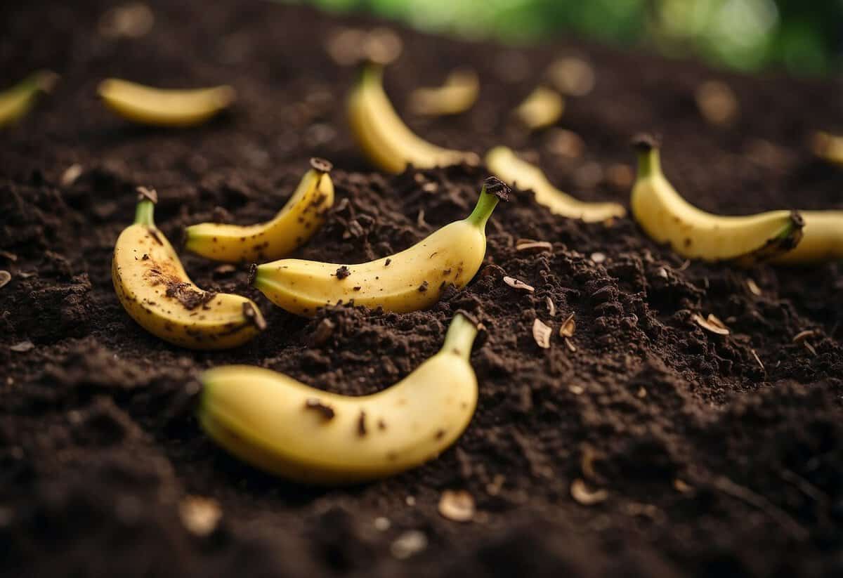 Banana peels decompose in soil. Show a time-lapse of peels breaking down into organic matter. Use vibrant colors and detailed textures