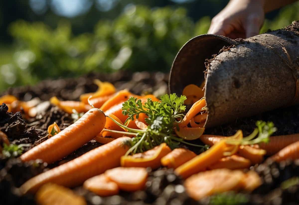 Carrot peels are added to a compost pile, surrounded by greenery and other organic waste. The peels are breaking down, emitting a rich, earthy scent