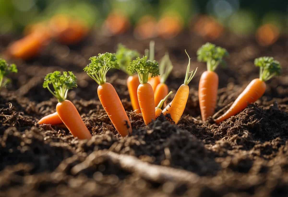 Carrot peels are spread on a garden bed, mixed with soil. They are being used to enrich the soil and provide nutrients for the plants