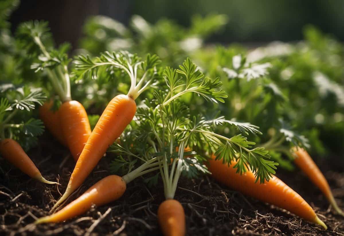 Carrot peels surround a thriving plant, showcasing environmental and economic benefits