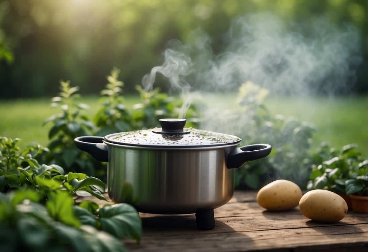 Boiling pot with potato water steaming, surrounded by healthy, green plants thriving nearby