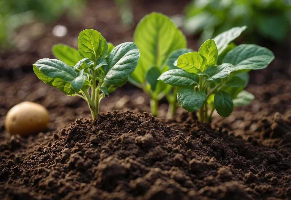 Potato water poured onto garden soil. Plants thriving