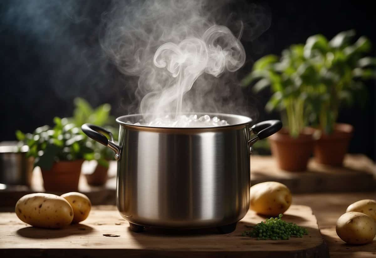 Potato water boils in a pot, steam rising. A plant sits nearby, ready to receive the nutrient-rich liquid