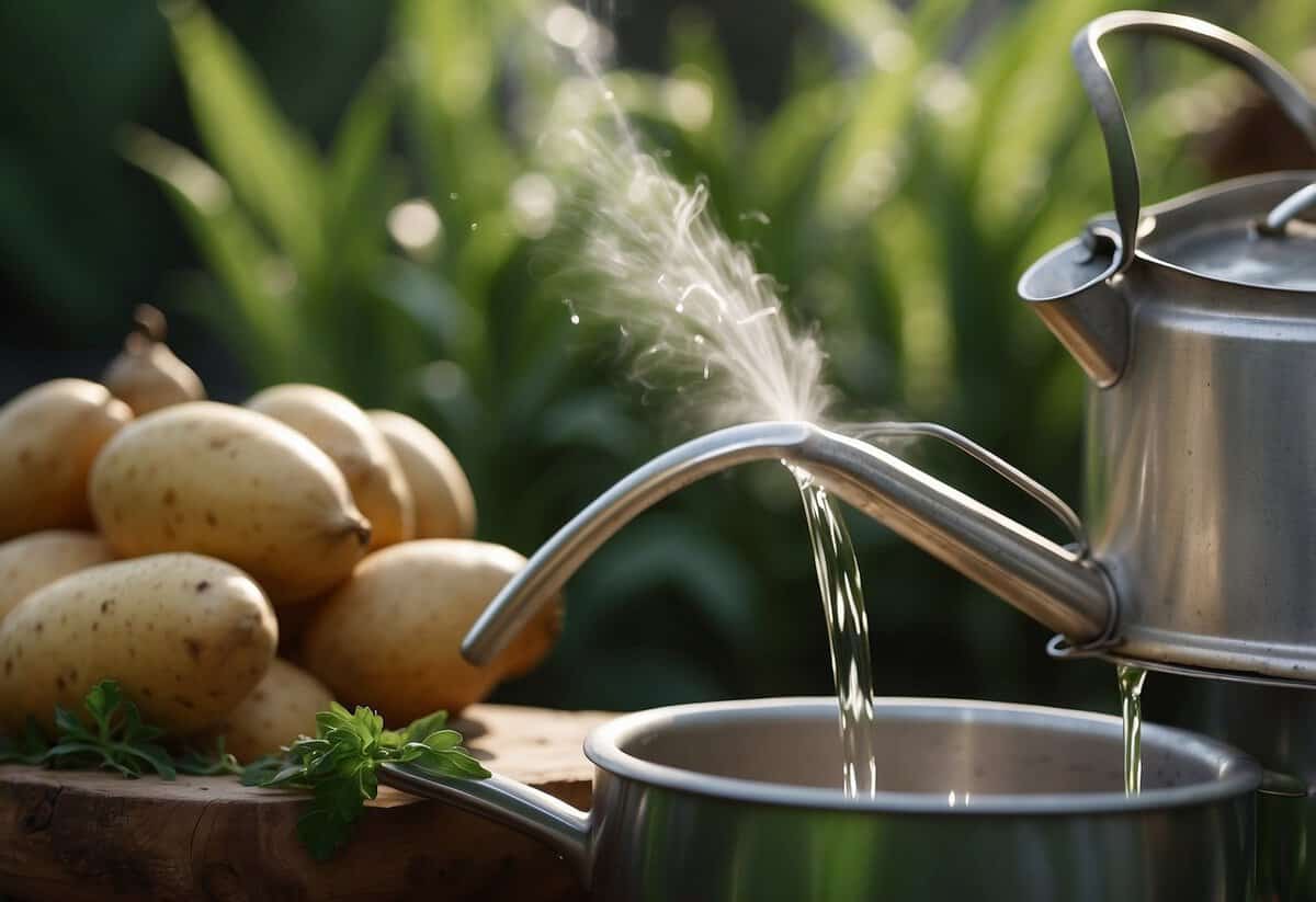 The boiling pot emits steam as potato water is poured into a watering can. Lush green plants thrive nearby, showcasing the environmental and economic advantages of using boiled potato water for irrigation