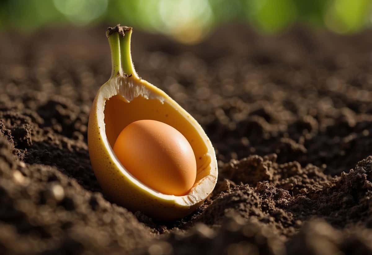 An egg and a banana are buried in soil. Over time, they decompose, releasing nutrients into the ground. Mold and bacteria break down the organic matter, creating a rich environment for new plant growth