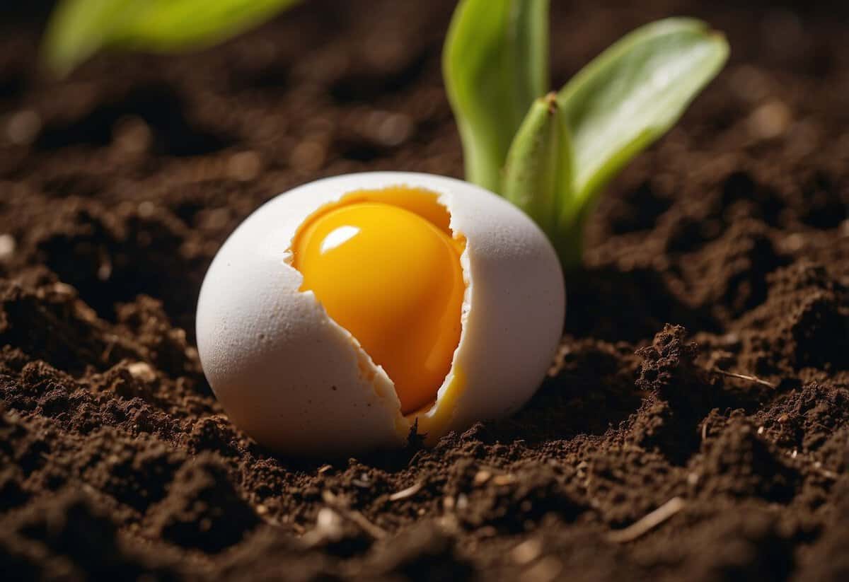 An egg and a banana are buried in soil, decomposing and releasing nutrients. Plants grow stronger and healthier, with lush green leaves and vibrant flowers